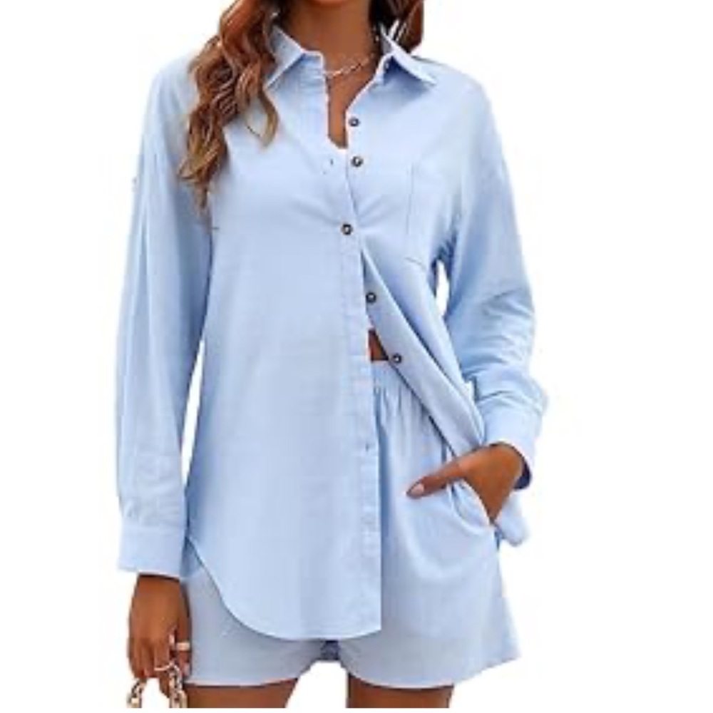 Women’s Blue Linen Shorts and Button Down Set